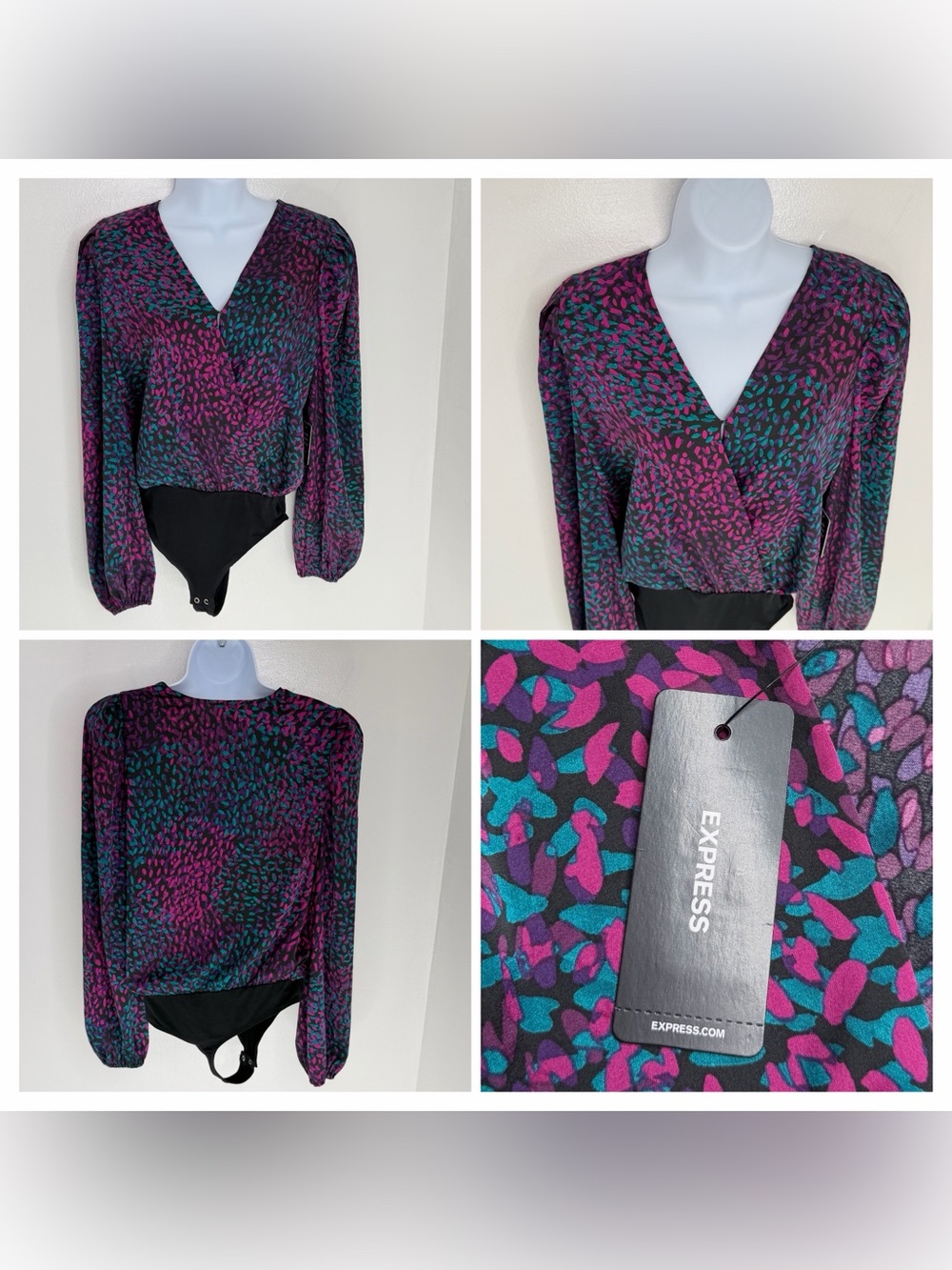 EXPRESS NWT Bodysuit Size Small Silky Abstract Animal Print Wrap Blouse Party